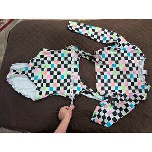 Juniors one piece swimsuit/ top shirt cover up checkered 80s pattern w/neon, M